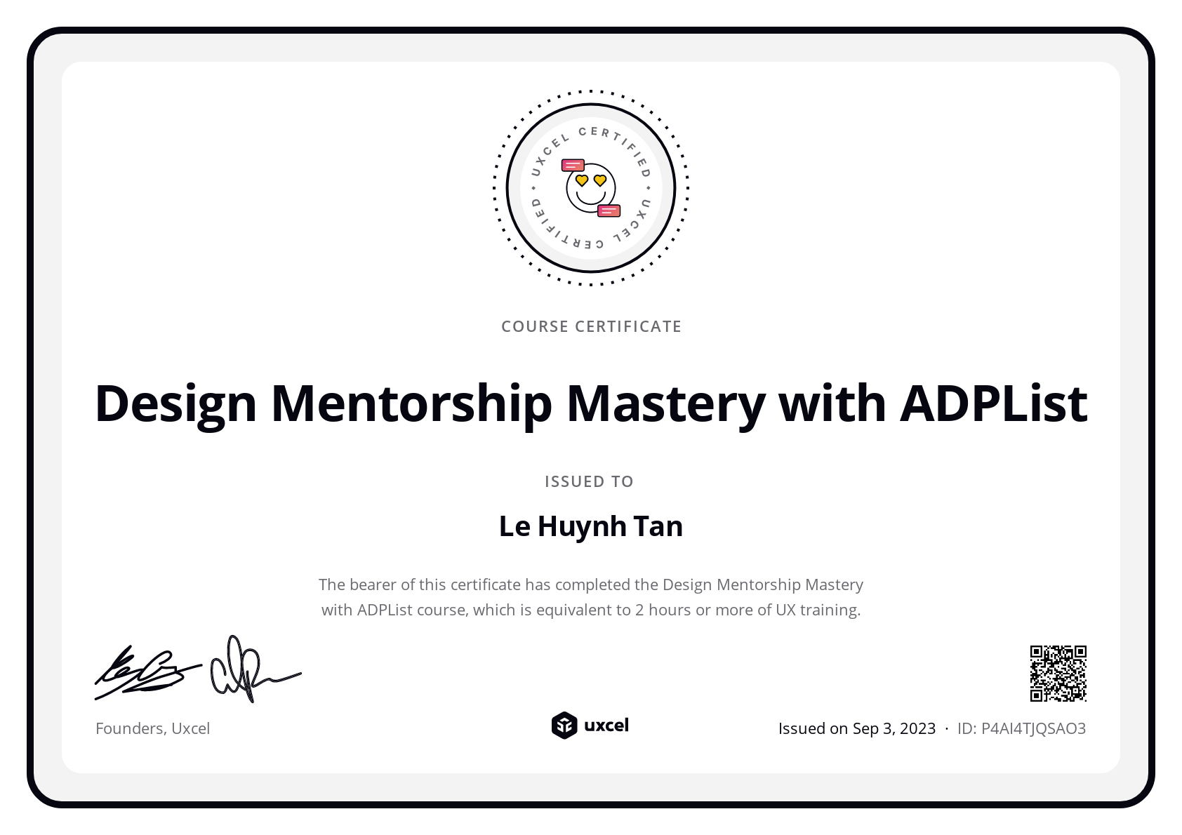 Le Huynh Tan's certificate